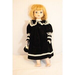 Vintage Porcelain Doll Collectible Black Velvet Dress Lace Trim 14" Tall Blonde